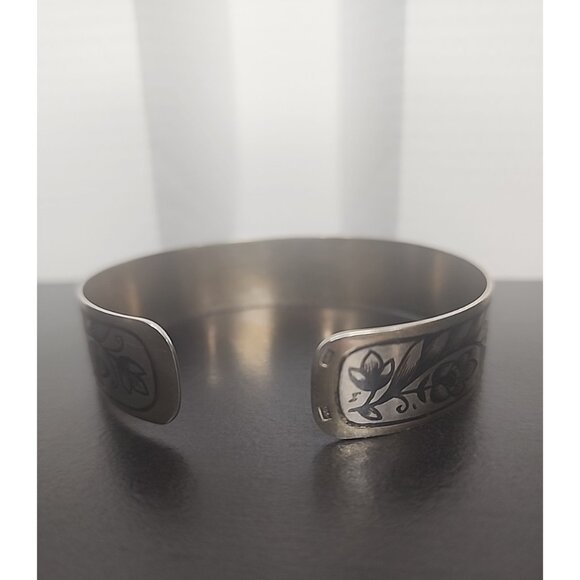 Vintage Soviet era 875 Sterling Silver Cuff Bracelet Niello Floral Design russia - Picture 6 of 9